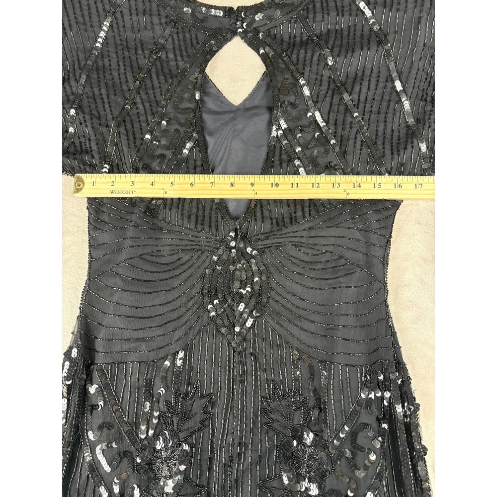Vintage Carina Black Pure Silk Beaded Sequin Art Deco Flapper Mini Dress Medium - Picture 9 of 9